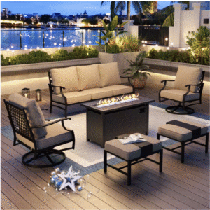 Black Metal Meshed 7 Seat 6-Piece Steel Outdoor Fire Pit Patio Set
